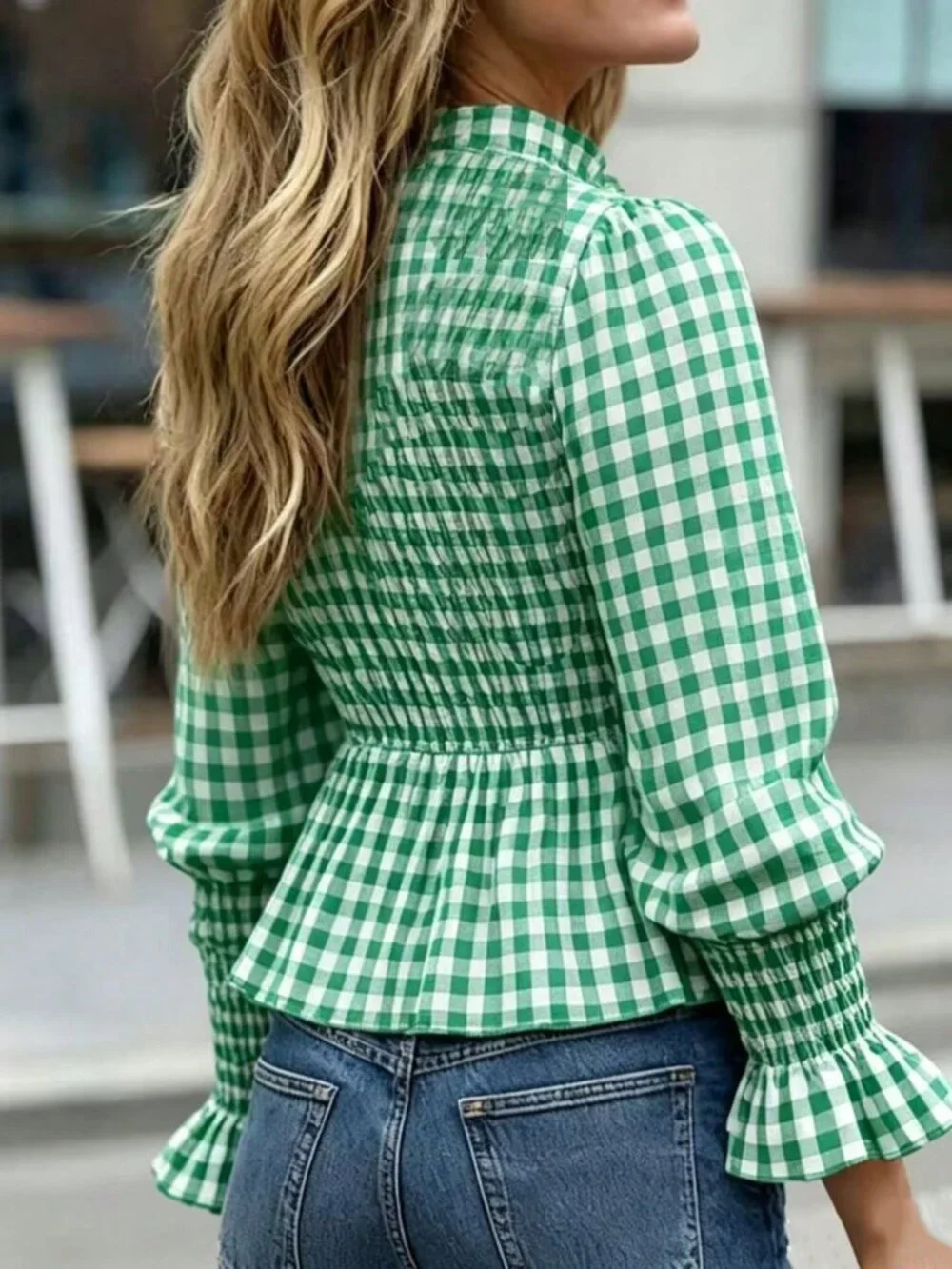 Green Casual Women's French Waist Cinching Plaid Design Chic Top